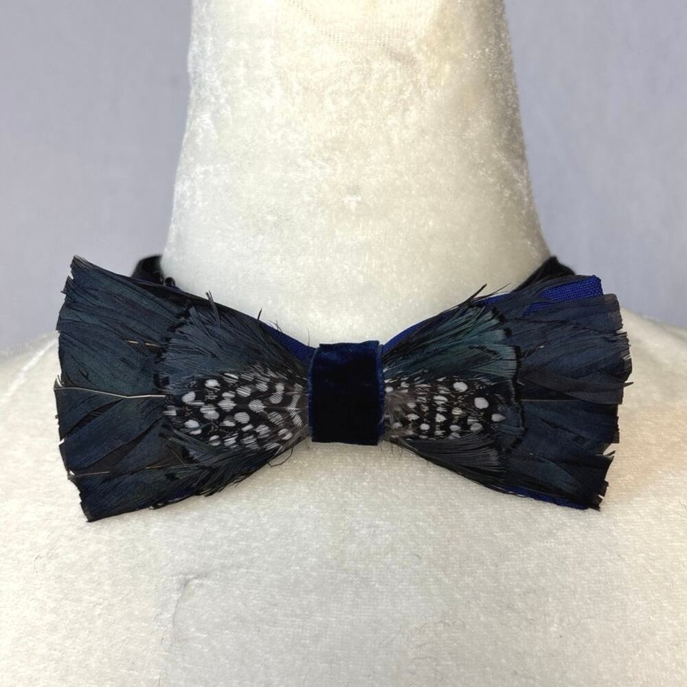 Handcrafted Bow Tie made of unique Feather Pattern Blue Black
